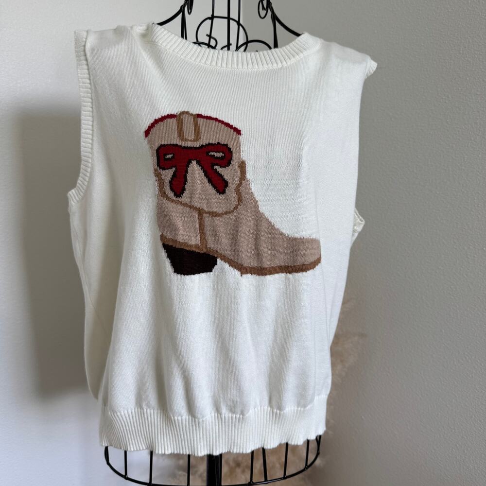 Boutique Western Cowboy Boot Bow Knit Sweater Vest Tank-Cream